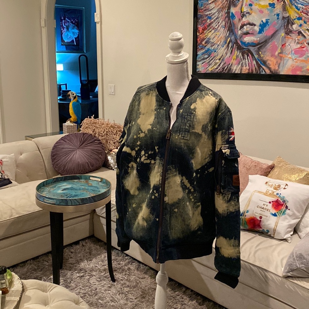 Heritage America Blue Denim Bleach Spot Design Blue Jean Bomber Jacket